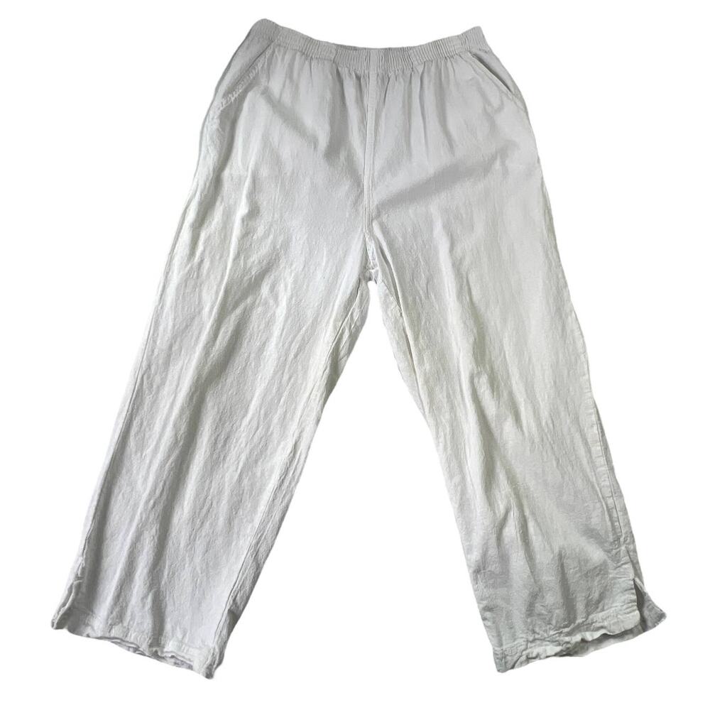 Stephanie Rogers White Cotton Elastic Waist Pants Medium Split Hem Pockets